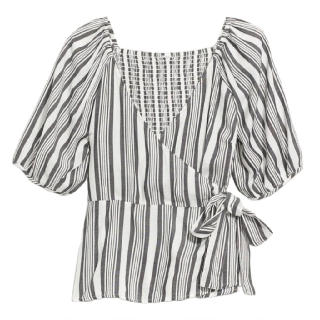 Old Navy Puff-Sleeve Smocked Black/White Striped Wrap Effect Blouse